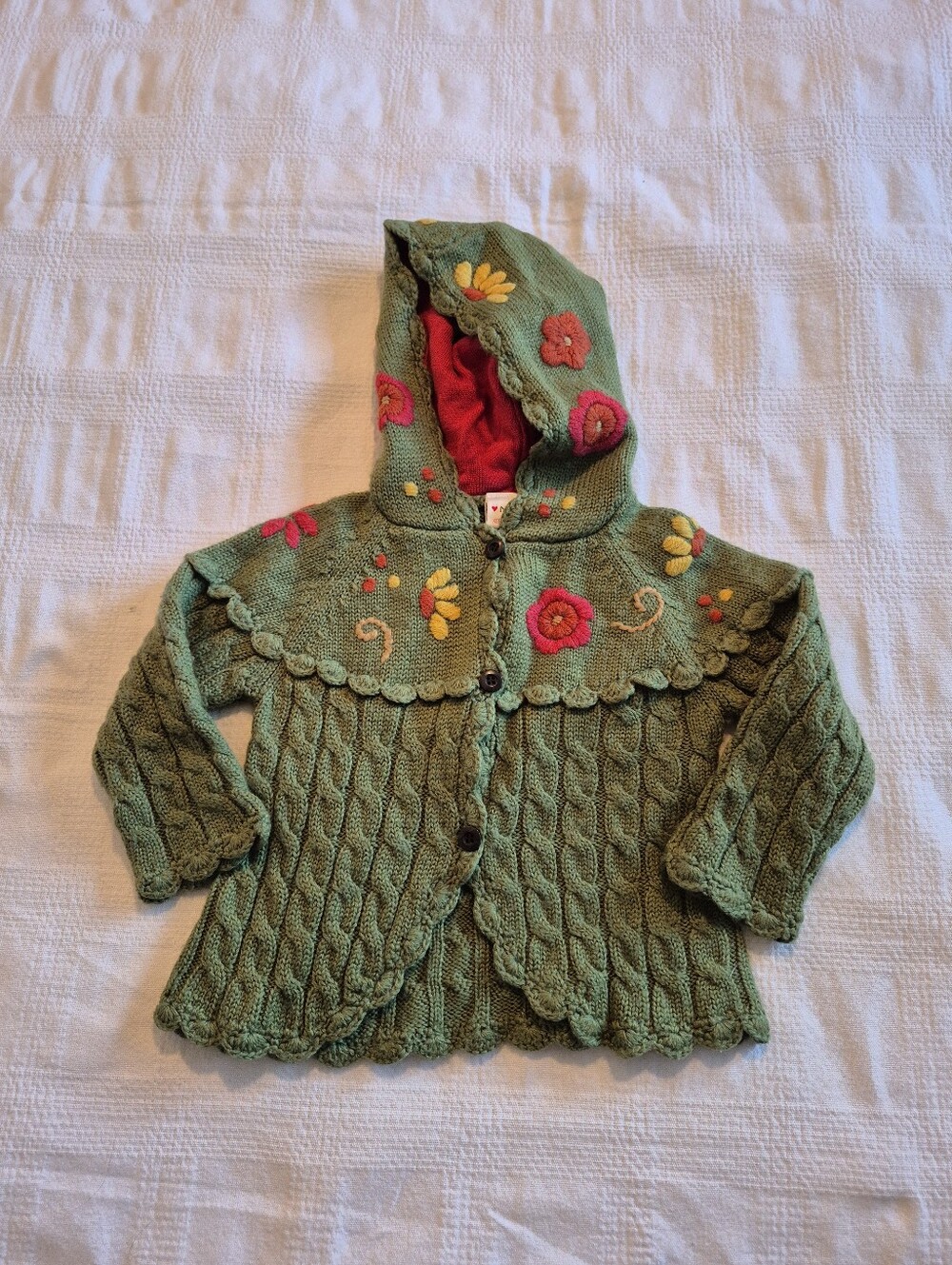 Next girls 1 1/2 - 2 years green knit hooded sweater embroidered VGUC